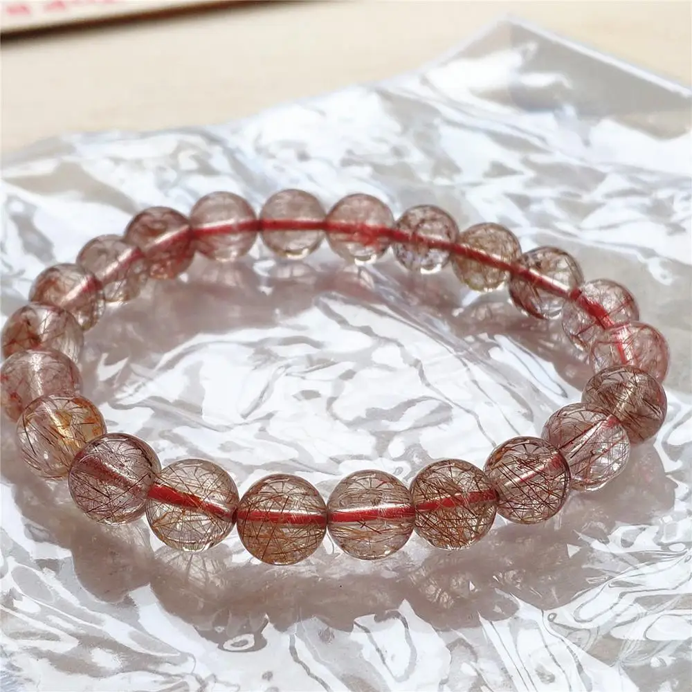

8mm Natural Red Copper Rutilated Quartz Crystal Clear Stretch Round Beads Bracelet Wealthy Stone Jewelry From Brazil AAAAA