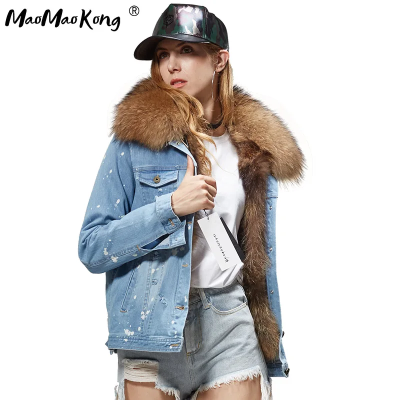 2020 новая джинсовая короткая куртка parker из меха енота 100% натуральный мех со
