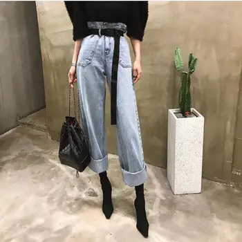 

2020 New Korea Designer Harajuku High Waist Bud Straight Pants Wide Leg Women Denim Jeans Casual BF Long Trousers with Belt