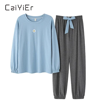 

CAIYIER Spring New Cotton O-Neck Women Pajamas Set Long Sleeve+Long Pants Sleepwear Colorful Flower Casual Homesuit Nightwear
