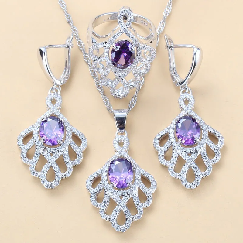 Женские свадебные аксессуары из стерлингового серебра 925 пробы, натуральные серьги с фиолетовым кристаллом, ожерелье, браслет и кольцо, 11 цветов, комплекты ювелирных изделий - Окраска металла: Purple 3PCS