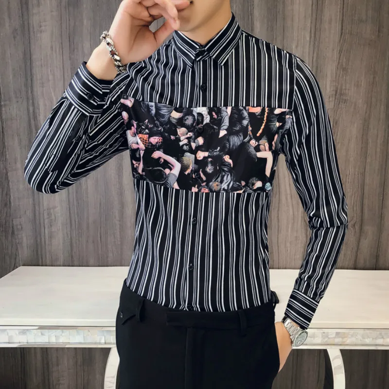 Модная мужская рубашка в полоску, Camisa Masculina, приталенная рубашка с длинным рукавом, деловая уличная одежда, официальная мужская одежда