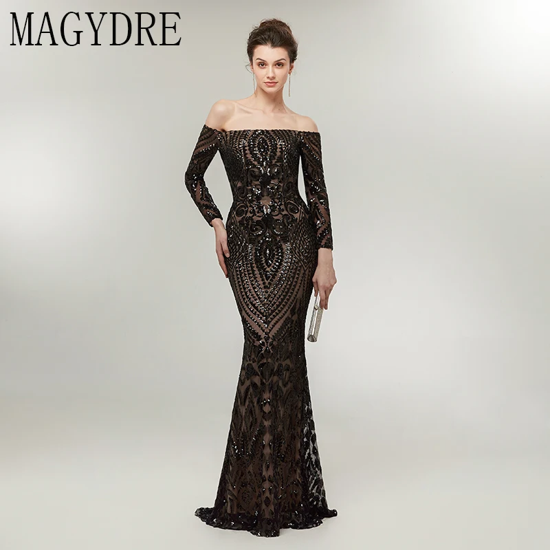 Черное элегантное вечернее платье Русалка с длинным рукавом robe de soiree вырез лодочкой Длина пола Тюль длинное платье