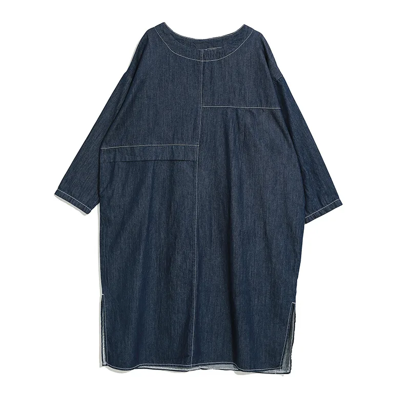 Johnature Autumn New O-neck Denim Dresses For Women Loose Pullover Patchwork Slits Button Fashion Casual Female Dress