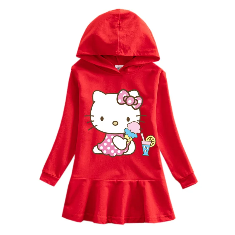 Hello Kitty nuevo otoño niños algodón Casual Sudadera con capucha vestido lindo estampado de dibujos animados Simple hoja de loto dulce vestido de niña