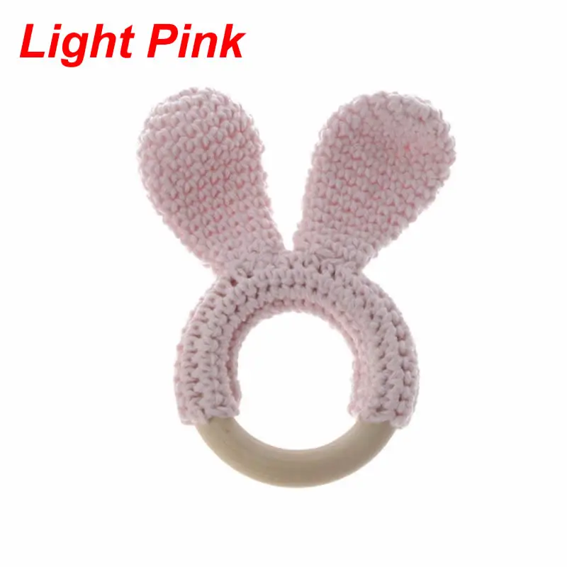 Baby Teether Bunny Ear Crochet Wooden Ring Safe Organic Wood Teething Rattle Toy Shower Gift safe teething toys - Цвет: Light Pink