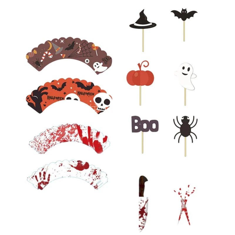New-48Pcs Halloween Cupcake Toppers Wrappers Cake Picks Cupcake Liners Food Picks for Halloween Party Supply Decorations