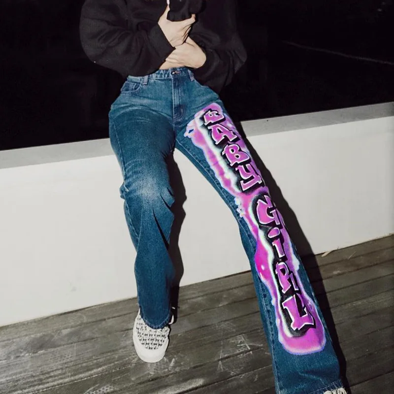 slim fit Vintage Streetwear Letter Printing Baggy Jeans 90s Fashion Straight Denim Low Waist Pants Autumn Moms Jeans chrome hearts jeans