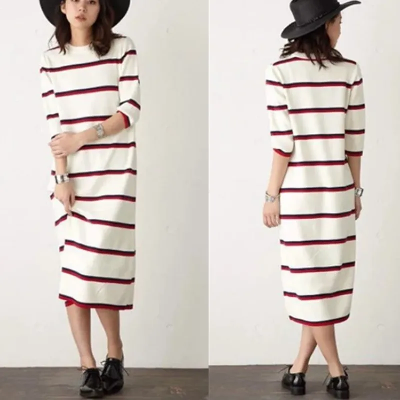 

2018 Loose-Fit Stripes Long Literature And Art Jersey Dress Korean-style Spring And Autumn Women's Crew Neck Half-sleeve Shirt B
