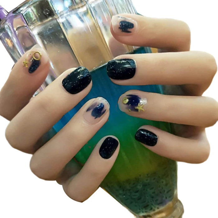24pcs Imitation Fake Nails Nail Art Nail Care 3D Fake Nails Blue Star Sky Diamond HB88