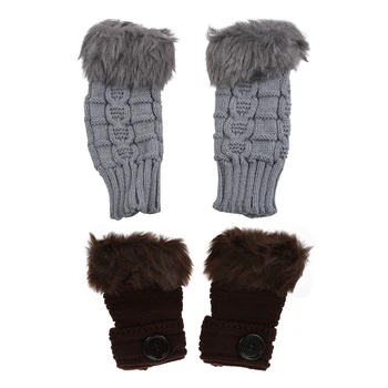 

2 Pair Women Winter Fashion Faux Rabbit Fur Girl Warm Wrist Fingerless Gloves Mittens, Grey & Coffee