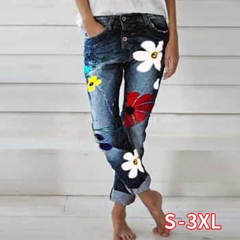 

Women Floral Printed Jeans Studded Casual Ankle Length Straight Pencil Jeans High Waist Denim Blue Trousers