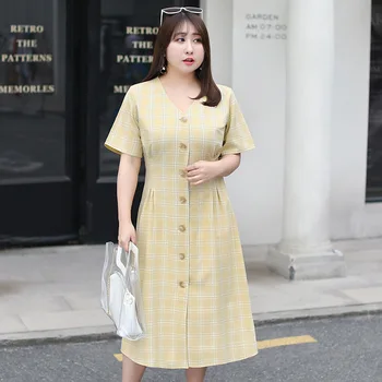 

Women's summer plaid button V-neck dress plus size calf length casual wear 100 kg can be worn