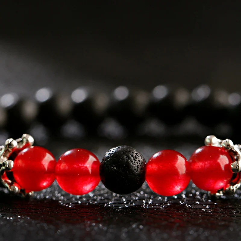 Классические красные, черные бусины из вулканического камня браслеты Homme Mala Серебряный цветок корона сплав браслеты Bijoux Мужские аксессуары ювелирные изделия