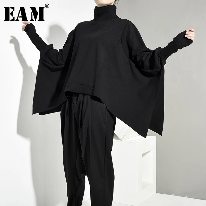 [EAM] Свободная черная Длинная толстовка с высоким воротником и длинным рукавом, модная женская одежда больших размеров на осень и зиму OA8690