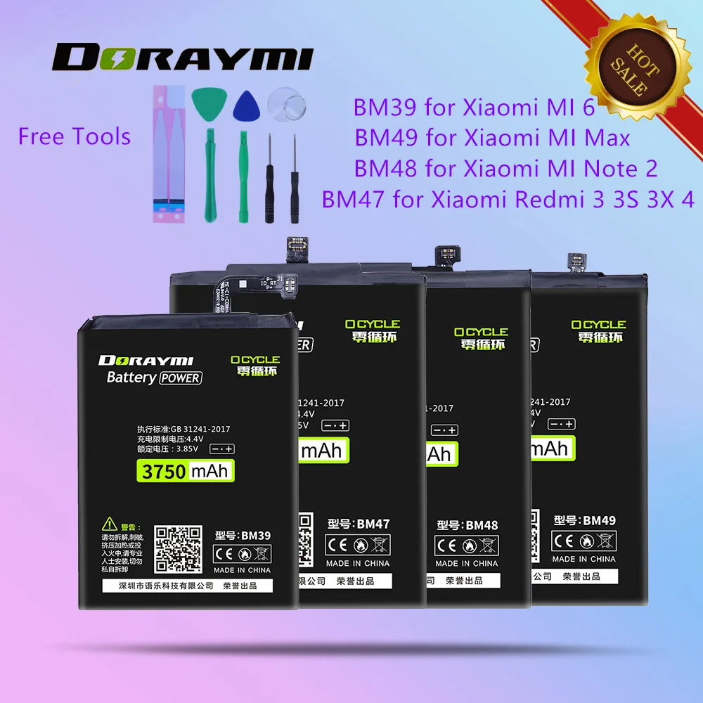 

DORAYMI BM39 BM47 BM48 BM49 Battery for Xiaomi Mi 6 Max Note 2 Note2 MI6 Redmi 3 3S 3X 4X Phone Batteries Replacement Bateria