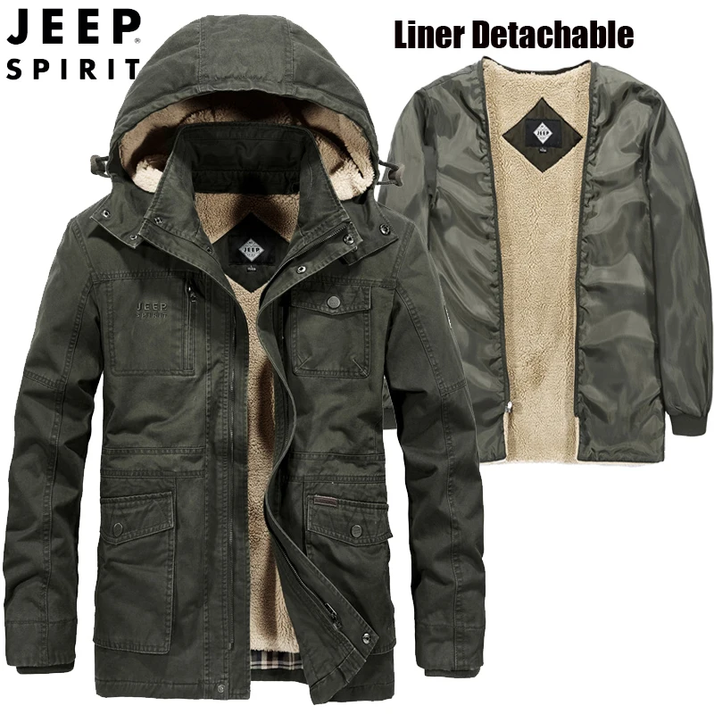 JEEP SPIRIT/брендовая зимняя куртка для мужчин с капюшоном и воротником; толстая теплая шерстяная теплая парка; мужская шапка и подкладка; съемная парка; Hombre