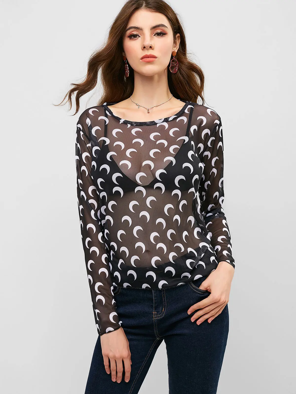 ZAFUL Moon Print See Thru Топ с длинным рукавом футболки круглым вырезом осень 2019