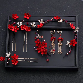 

Chinese Traditional Costume Dress Tiara Red Earrings Headwear Hair Pins Bridal Wedding Hair Accessories Long Tassel Jewelry Sets