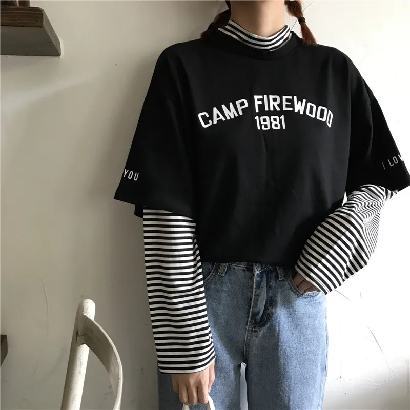 Women's T-shirts Tunic Kawaii Ladies Vintages Triped Long Sleeve T-shirt Female Ulzzang Harajuku Tee For Women Casual Top