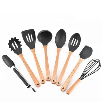 

8 Pcs/Set Silicone Kitchen Cooking Tools Cooking Sets Heat-resistant Utensils Set Spatula Shovel Soup Spoon with Wooden Handle