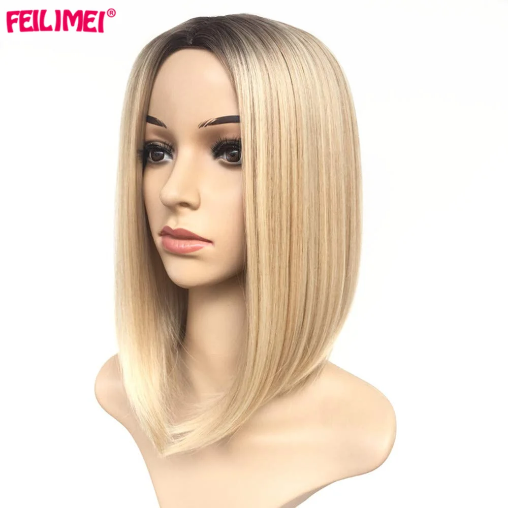 

Feilimei Ombre Blonde Wig Synthetic Heat Resistant Short Straight Colour Bob Wigs for American African Women