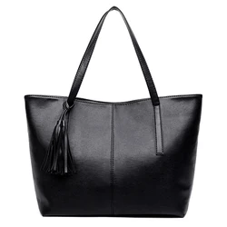 Women's Retro Tassel Design Large Capacity Luxury Tote Bag - PU Leather Shoulder Bag with Top Handle (Black)
