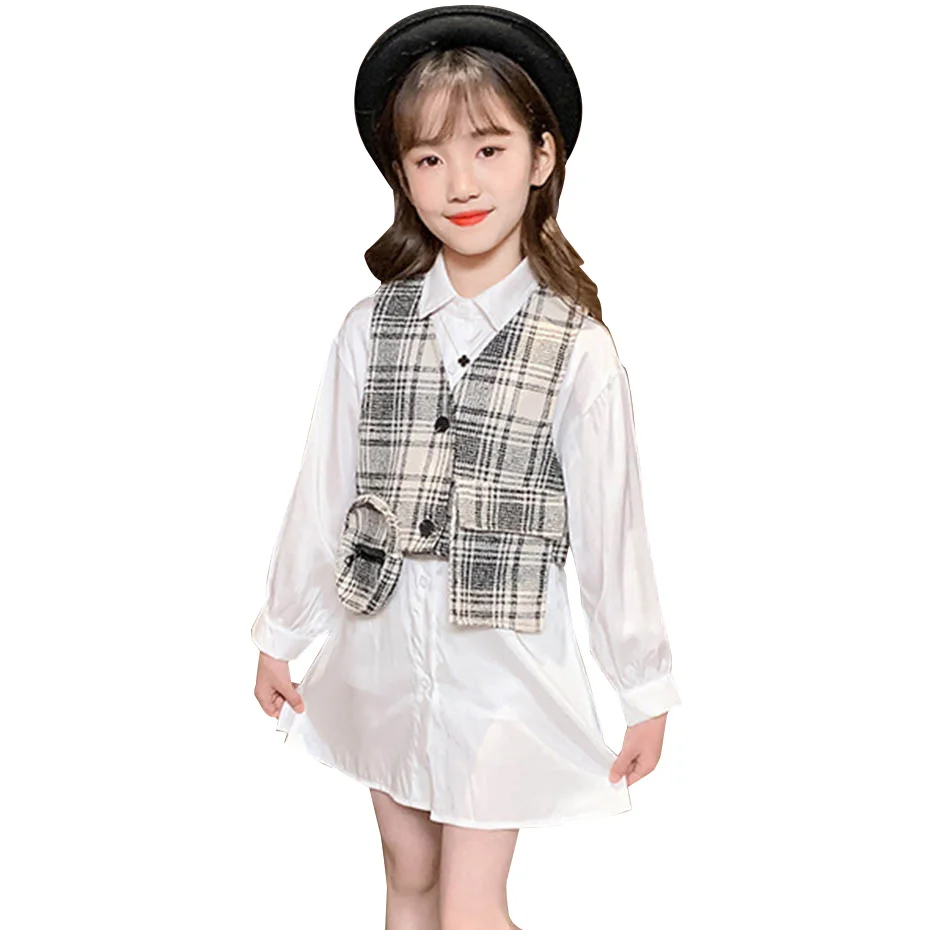 Детская одежда клетчатый жилет для девочек + белое платье-рубашка 2 шт. с