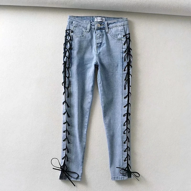 Women's Summer  Jeans High Waist Sexy Hip Hip Denim Pants Side Cross Tie Rope Trousers Nine-point Pants capri dress