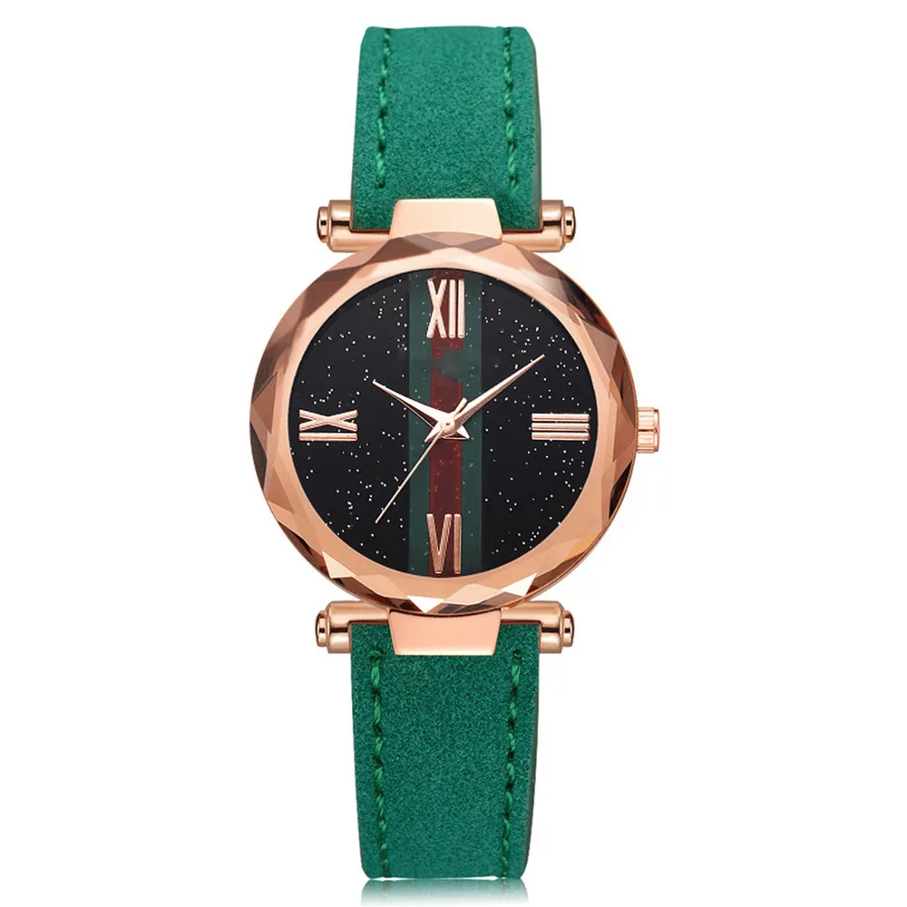 

Hot Hot Selling Rainbow Red And Green Striped WOMEN'S Quartz Watch Simple Roman Measuring Leather Belt Watch Women's