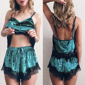 

2Pcs Pajamas Set Sleepwear Women Solid V Neck Sling Sleeveless Sexy Lingerie Set Lace Tops&Shorts Suit Nightwear pyjamas women