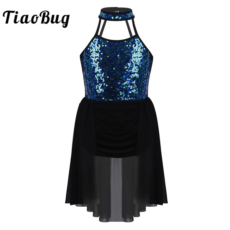 

TiaoBug Kids Teens Choker Neck Sequins Contemporary Lyrical Dance Costumes Gymnastics Leotard Girls Figure Skating Ballet Dress
