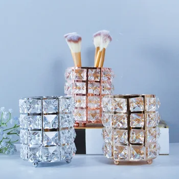 

European Iron Crystal Makeup Organizer Makeup Brush Desk Storage Box Dressing Table Pen Holder Storage Bucket Bathroom Decor