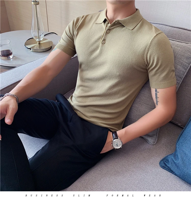 Sebaby Men Short Sleeve Slim-Fit Turn-Down Collar Pure Colour Pique Polo 