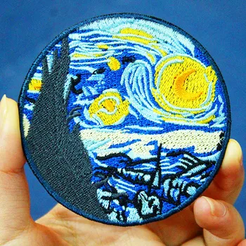 

Prajna Van Gogh Patches For Clothing Iron-on Embroidered Patch On Clothes Sea Wave Ironing Badges Blue Cloth Jacket Accessory F