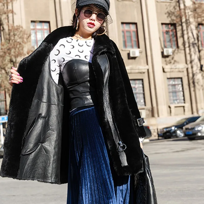 Winter Women Loose Fit Real Fur Coat Elegant Luxury Turtleneck Warm Overcoat Streetwear Zipper Wool Outerwear Plus Size