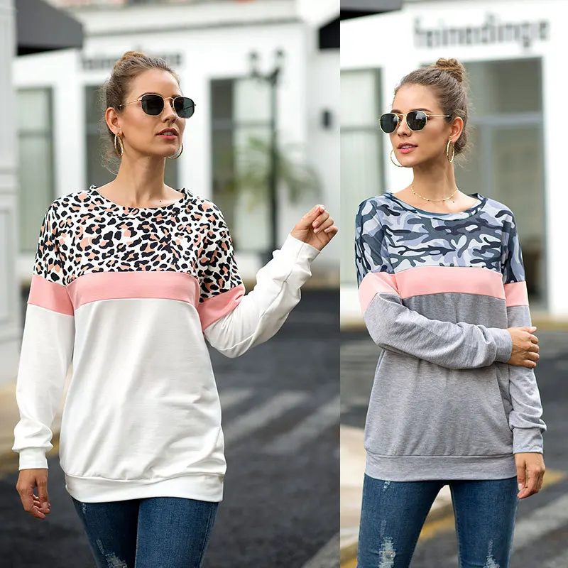 2019 otouno e invierno nuevo camuflaje leopardo costura cuello redondo pulóver Camiseta de manga larga casual Sueter