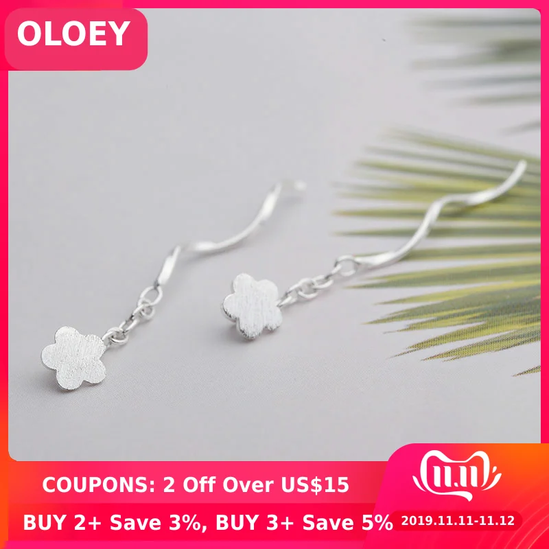 

OLOEY 100% Real 925 Sterling Silver Drop Earrings for Women Korea Plum Blossom Flower Chain Long Tassel Ear Line Jewelry YME623