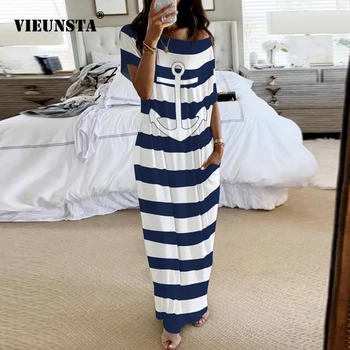 

Summer Sexy Off Shoulder Elegant Long Dress Ladies Boat Anchor Print Stripe Dresses Women O Neck Short Sleeve Loose Party Dress