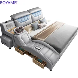 Cama de Tatami para boda, cama principal moderna y sencilla de lujo, masaje inteligente, doble, de cuero, multifuncional