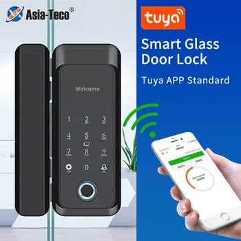 스마트 유리 도어 생체 인식 지문 잠금 장치, 투야 앱, 블루투스 제어, 전자 도어락, 13.56Mhz RFID 카드