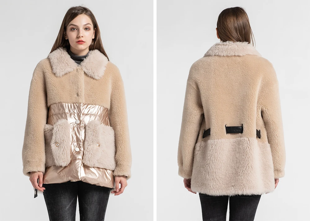 New Women's Real Wool Coat White Duck Down Padded Jacket Zipper Pockets Granular Fur Down Outerwear S7580
