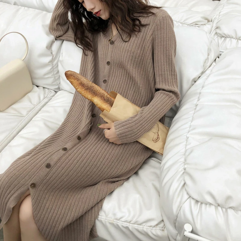 2207# Autumn Winter Korean Fashion Knitted Maternity Long Sweaters Loose Dress Clothes for Pregnant Women Chic Ins Pregnancy