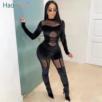 

HAOYUAN Sexy Mesh Sheer Velvet Jumpsuit Women 2020 Fashion Clothes One Piece Body Long Sleeve Club Bodycon Rompers Jumpsuit