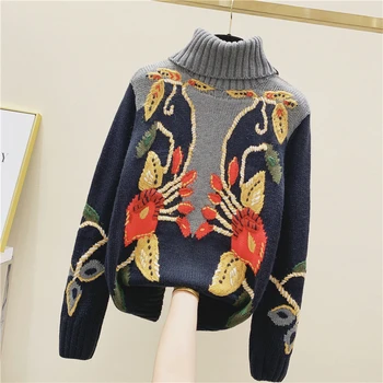 

Ins Sweater Women Autumn Winter Turtle-Neck Pattern Sweater Women's Embroidered Loose-Fit Lazy Sweater Knitted Coat Pullovers
