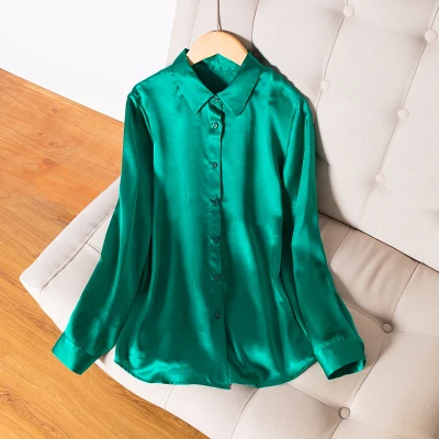 SuyaDream, женская простая шелковая блузка, шелк, атлас, длинный рукав, отложной воротник, офисные блузки,, Весенняя рубашка - Цвет: Зеленый