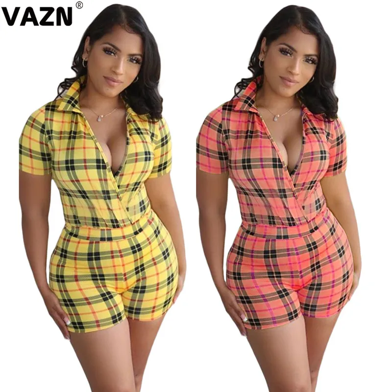 VAZN-mono Sexy con cuello en V para mujer, traje a cuadros en amarillo claro y rojo, de manga corta, elegante, para uso diario, 2020