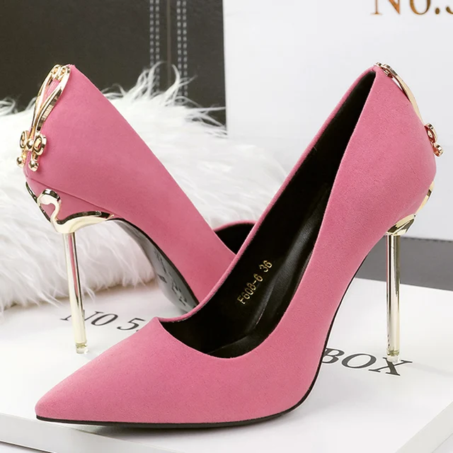 2022 Fashion Women Pink Suede Metal Pumps Apricot Pointed Toe Pumps Red 10.5cm/8cm Thin High Heels Pumps Lady Valentine Shoes 1
