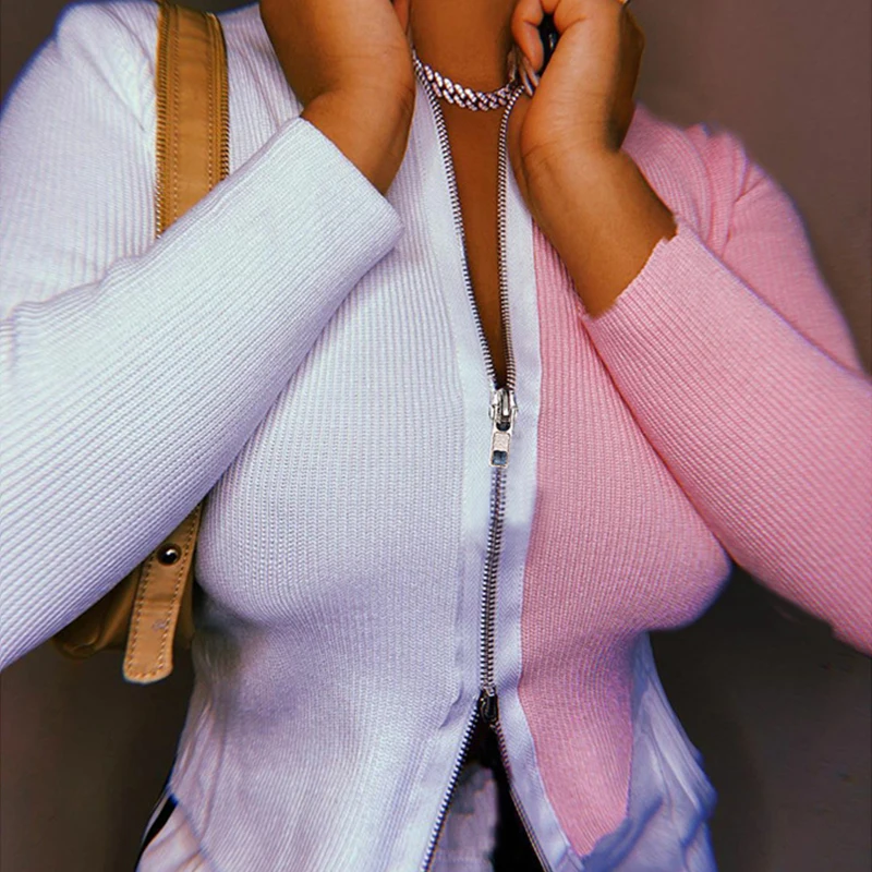 IAMSURE Autumn Streetwear Long Sleeve Women Zipper Up Cardigan Blouses Contrast Color Patchwork y2k Female Slim Cropped Shirt