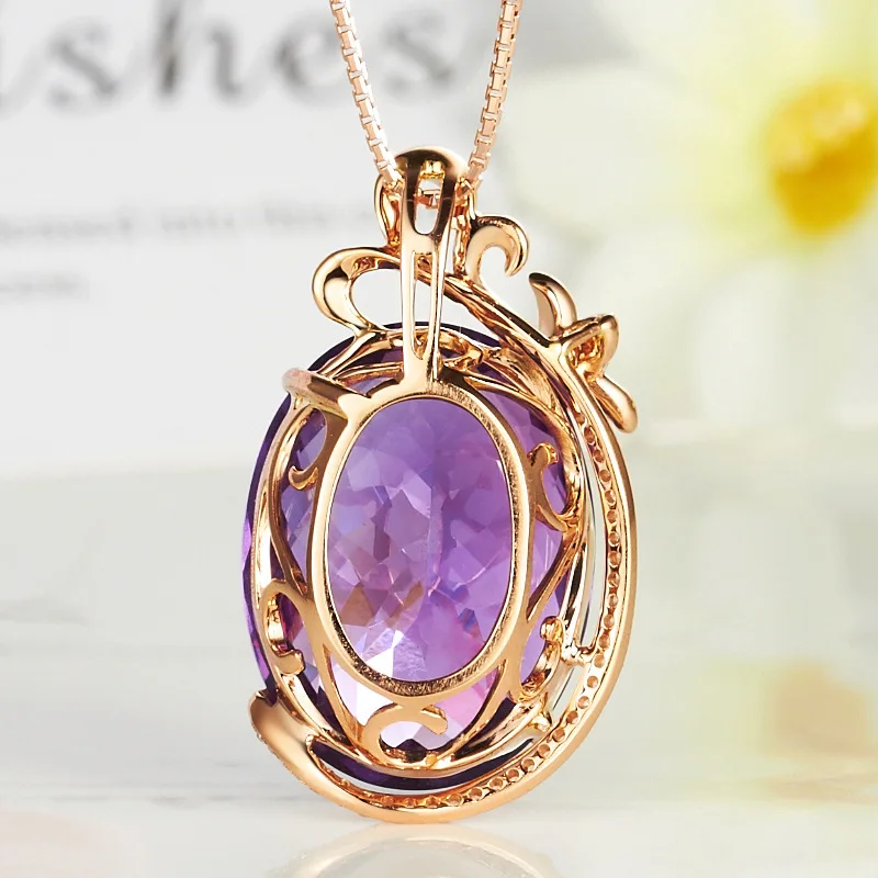 14K Rose Gold 45 Cm Necklace Jewelry Real Amethyst Pendant Bizuteria Female Amethyst Pendant Gemstone Chalcedony Jewelry Girls